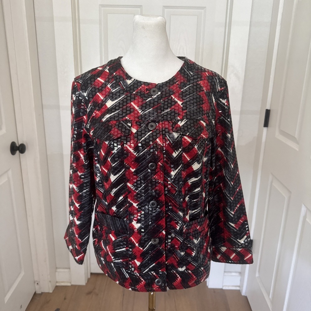 Vtg Ruby Rd 3/4 Sleeve Shiny Jacket Size 8 Red Black Dressy Workwear Faux Sequin